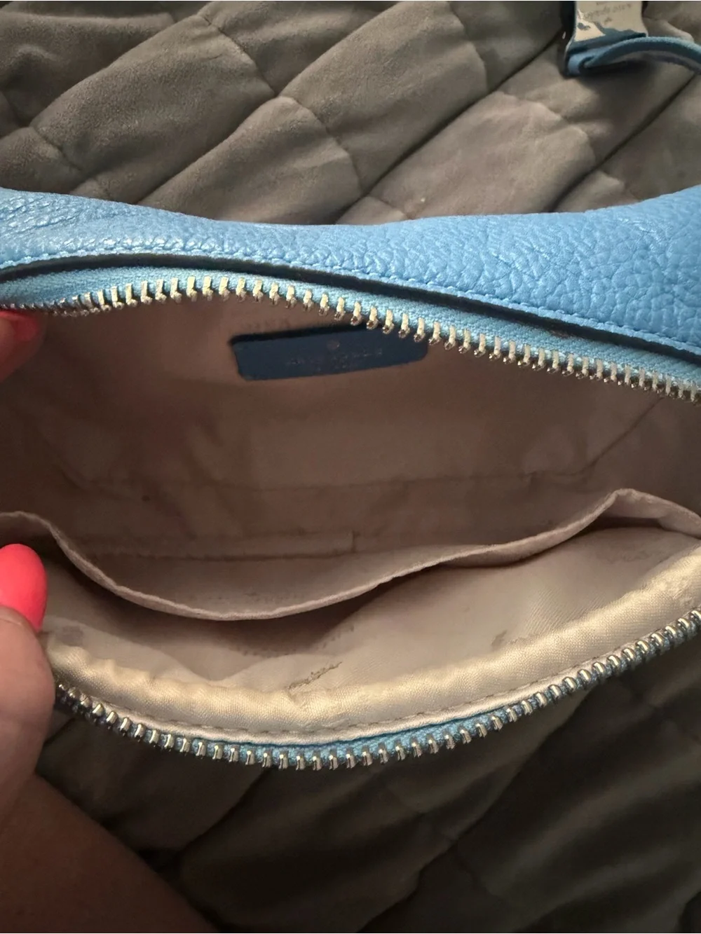 kate spade Light Blue Pebbled Leather Crossbody Camera Bag with Striped Strap